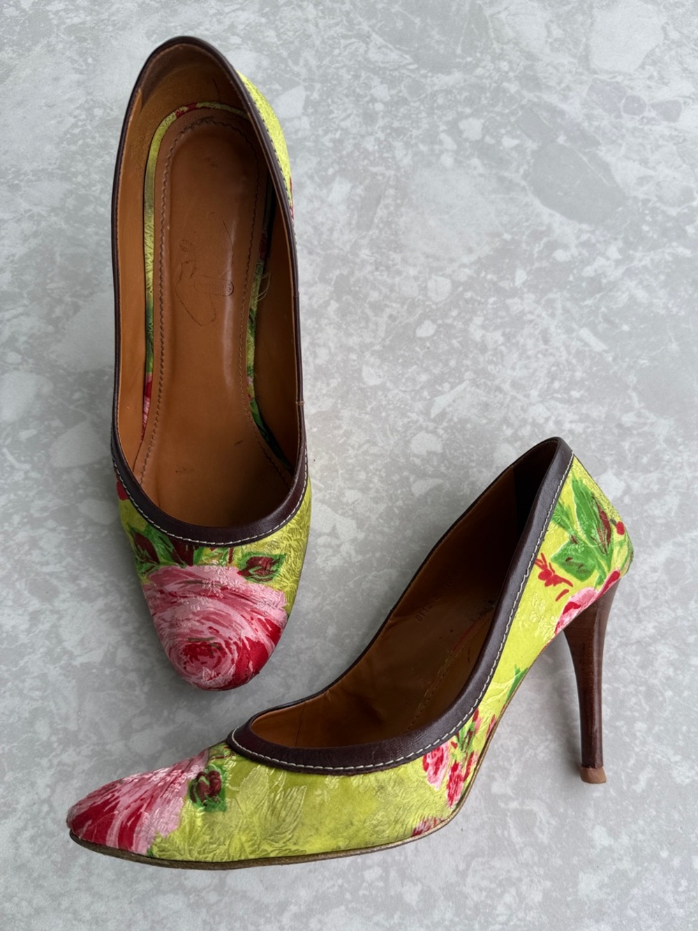 Handmade Brazilian Floral Silk Stiletto Heels in Lime Green w/ Pink Roses, Sz 9